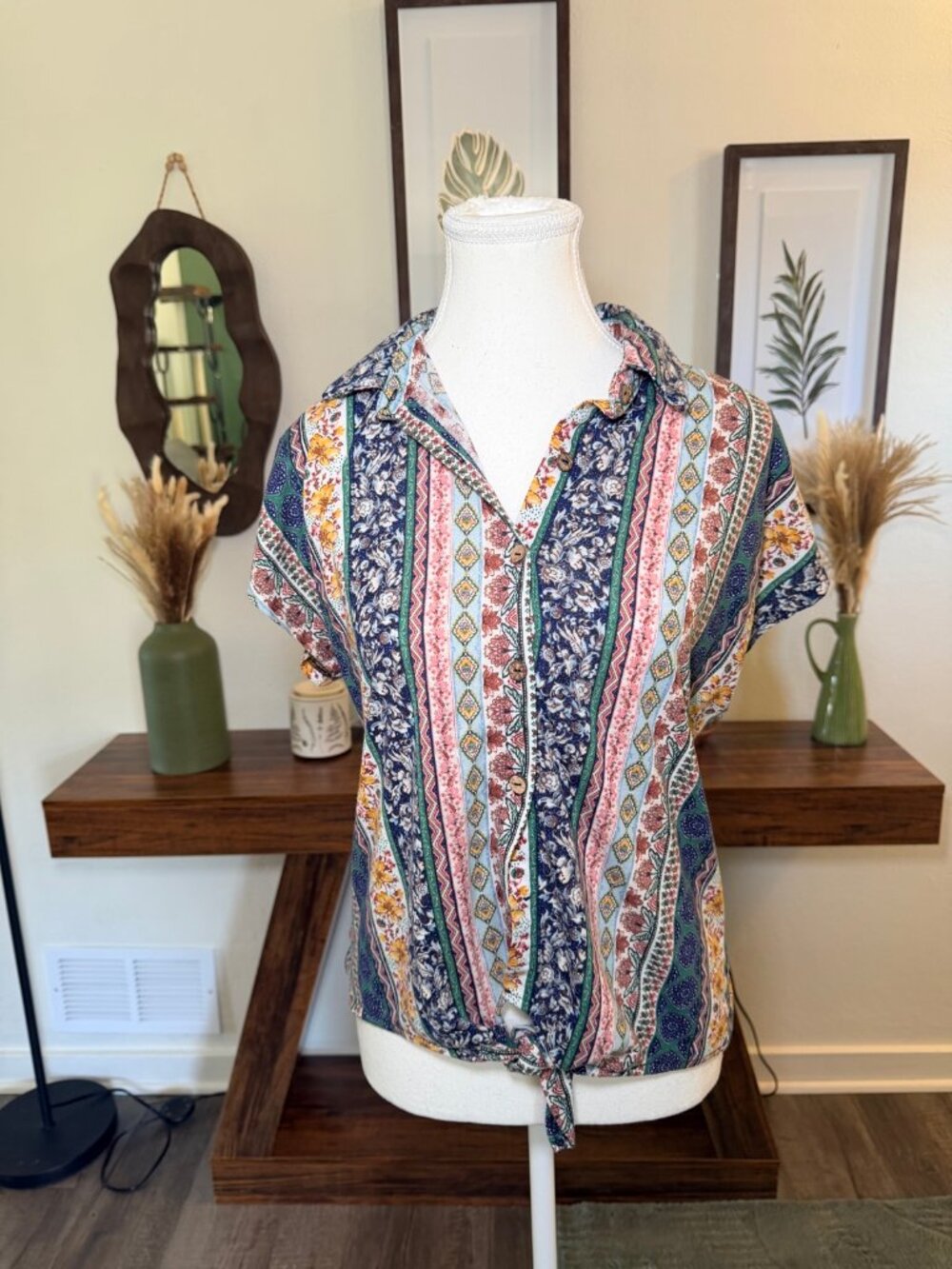 Tie Front Boho Paisley Blouse Short Sleeve Button Front Colorblock Small